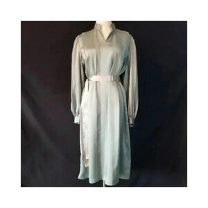 VINTAGE 80s Sage Green Sheer Striped Satin Dress M - L